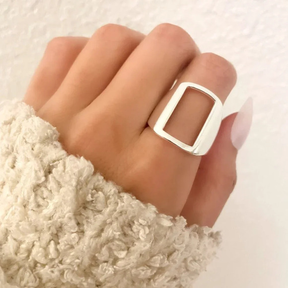 925 Sterling Silver Chunky Rectangle Ring Thick Bold Ring Large Statement Ring - Picture 3 of 9